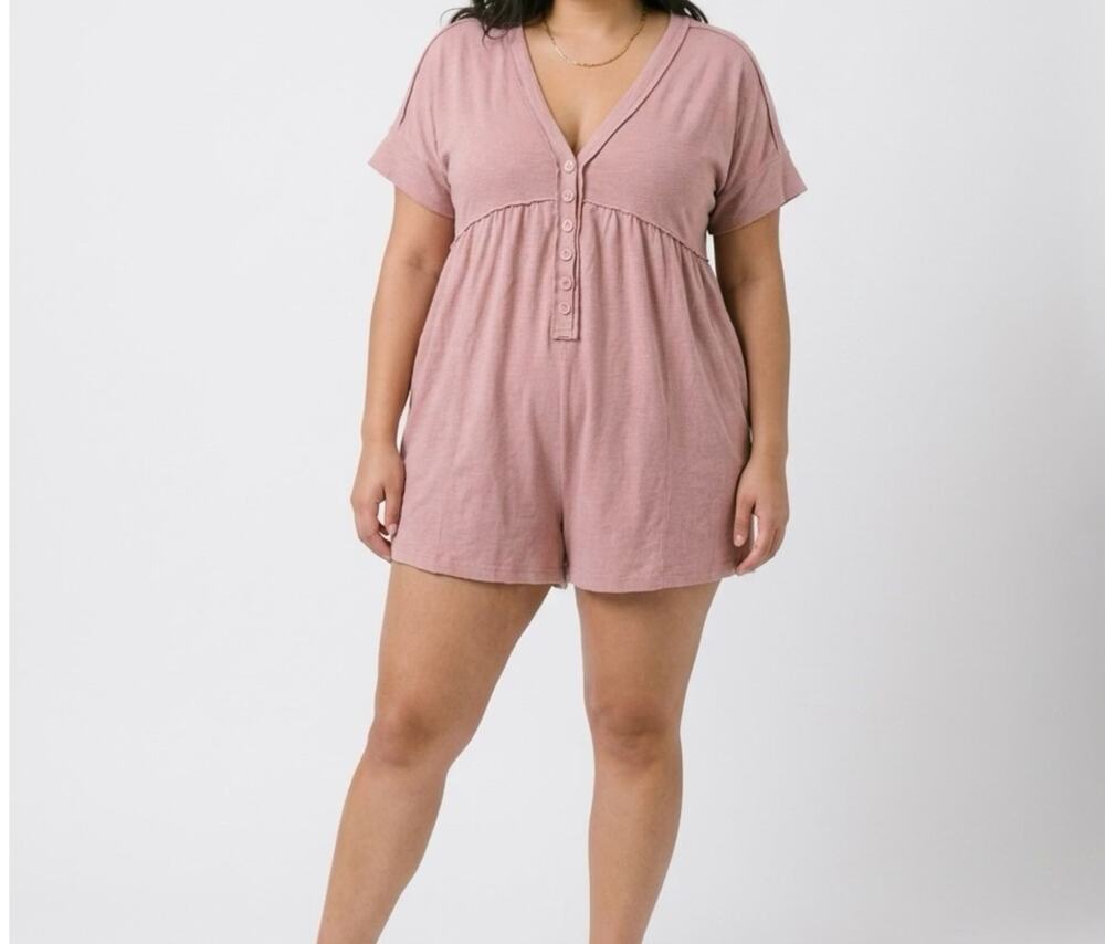 Dusty Rose Textured Knit V-Neck Henley Romper with Pockets - Extra Large XL